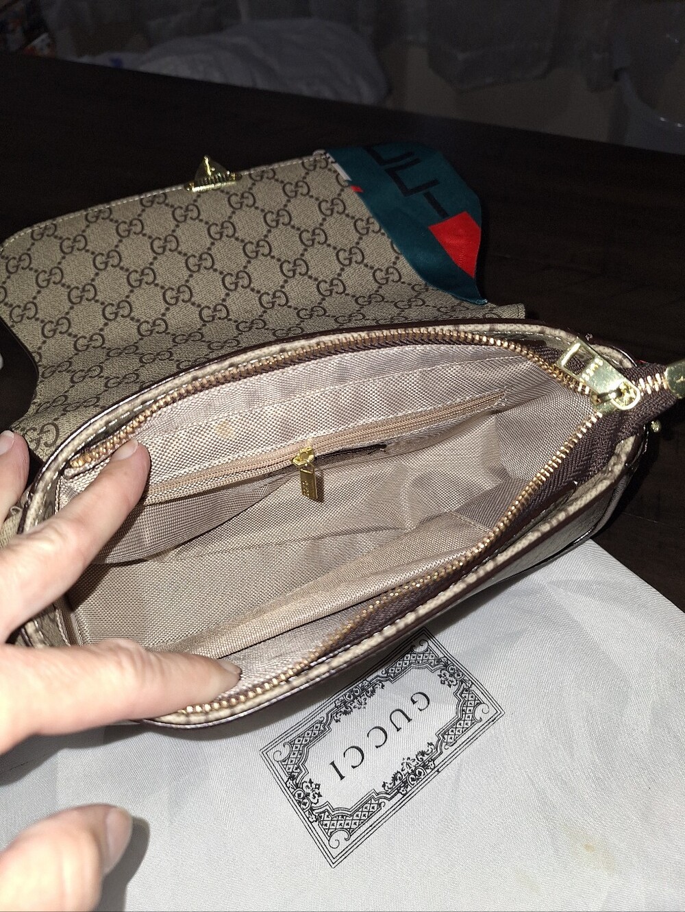 Beige  Crossbody with Brown Trim and Green-Red Stripe Scarf - Picture 7 of 8